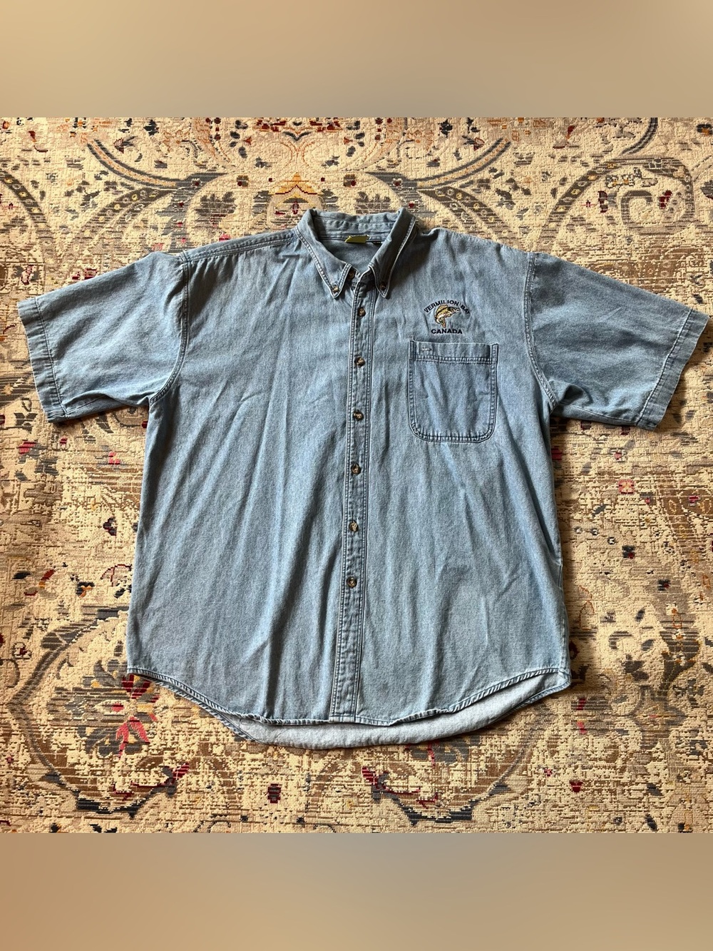 Vintage Embroidered Fish Denim Button Up from Vermillion Bay, Canada XL